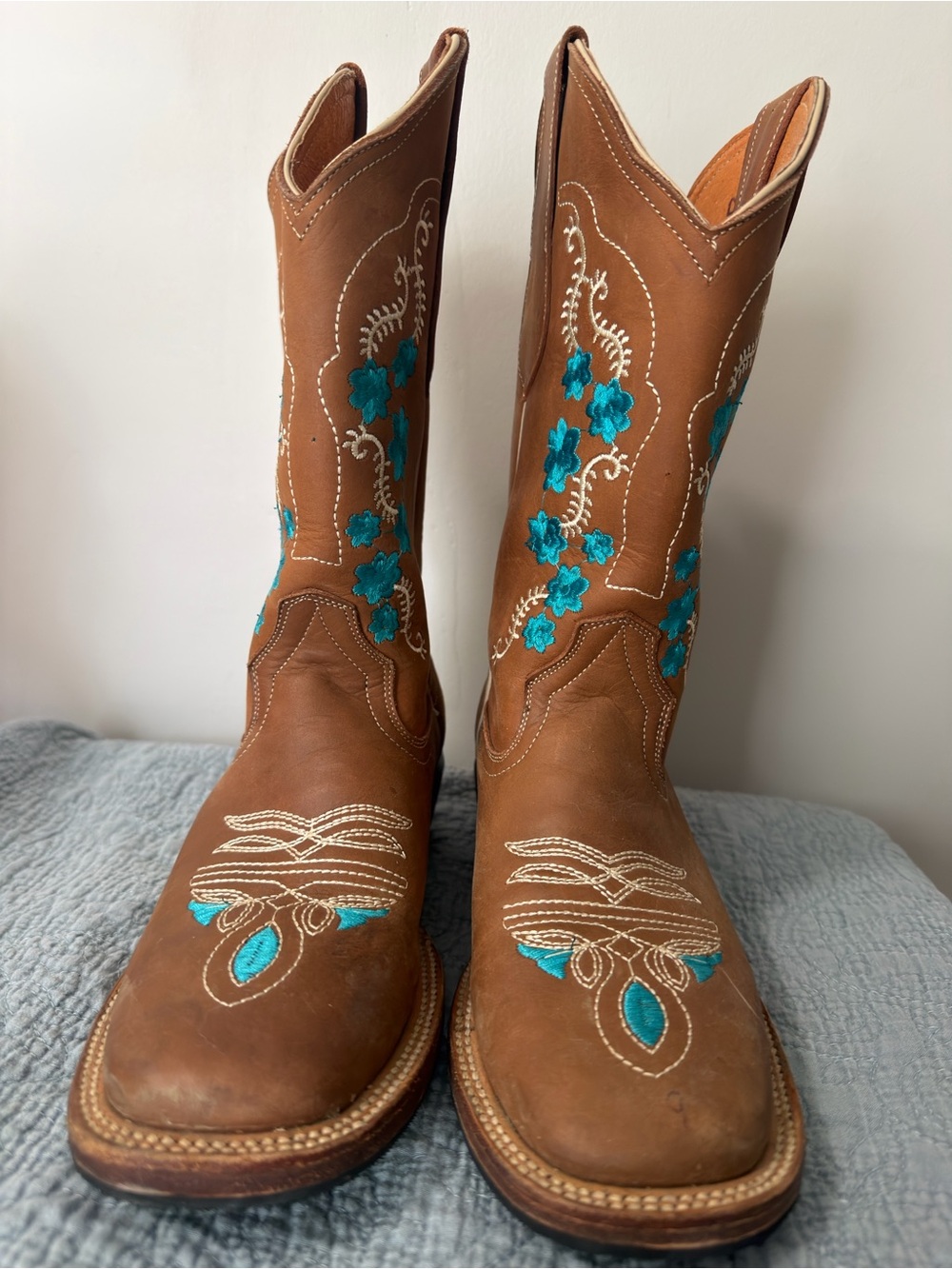 Brown Leather Western Boots with Teal Floral Embroidery, 100% made in Mexico